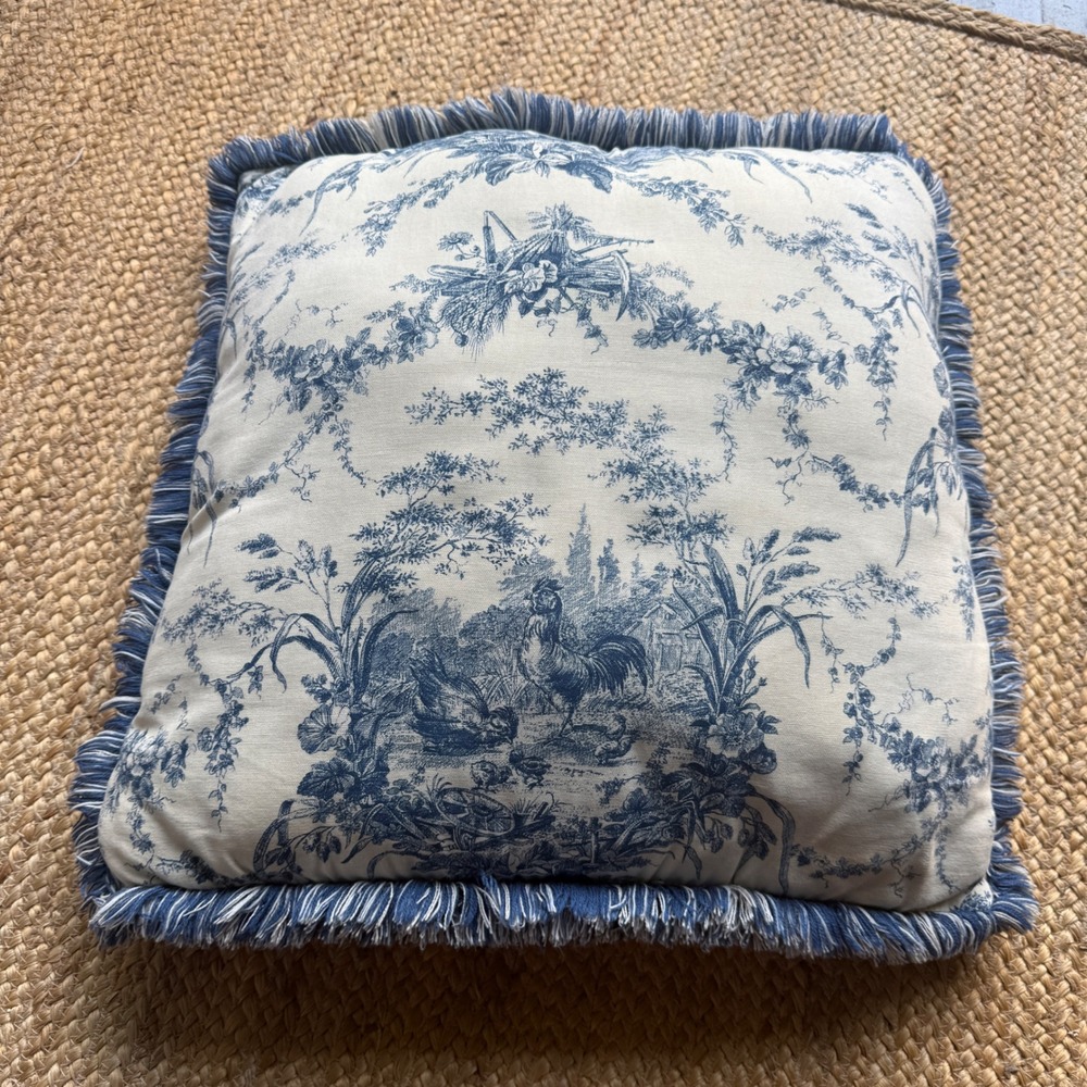 Waverly Country Life Toile Throw Pillow Blue White Rooster Fringe F Schumacher